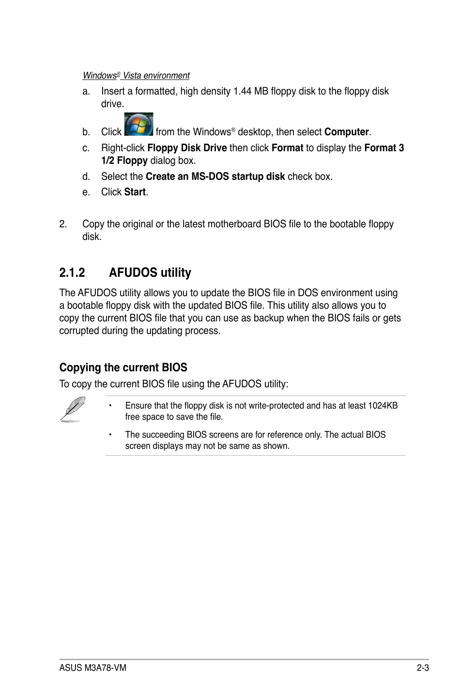 2 afudos utility, Afudos utility -3, Copying the current bios | Asus M3A78-VM User Manual | Page 49 / 96