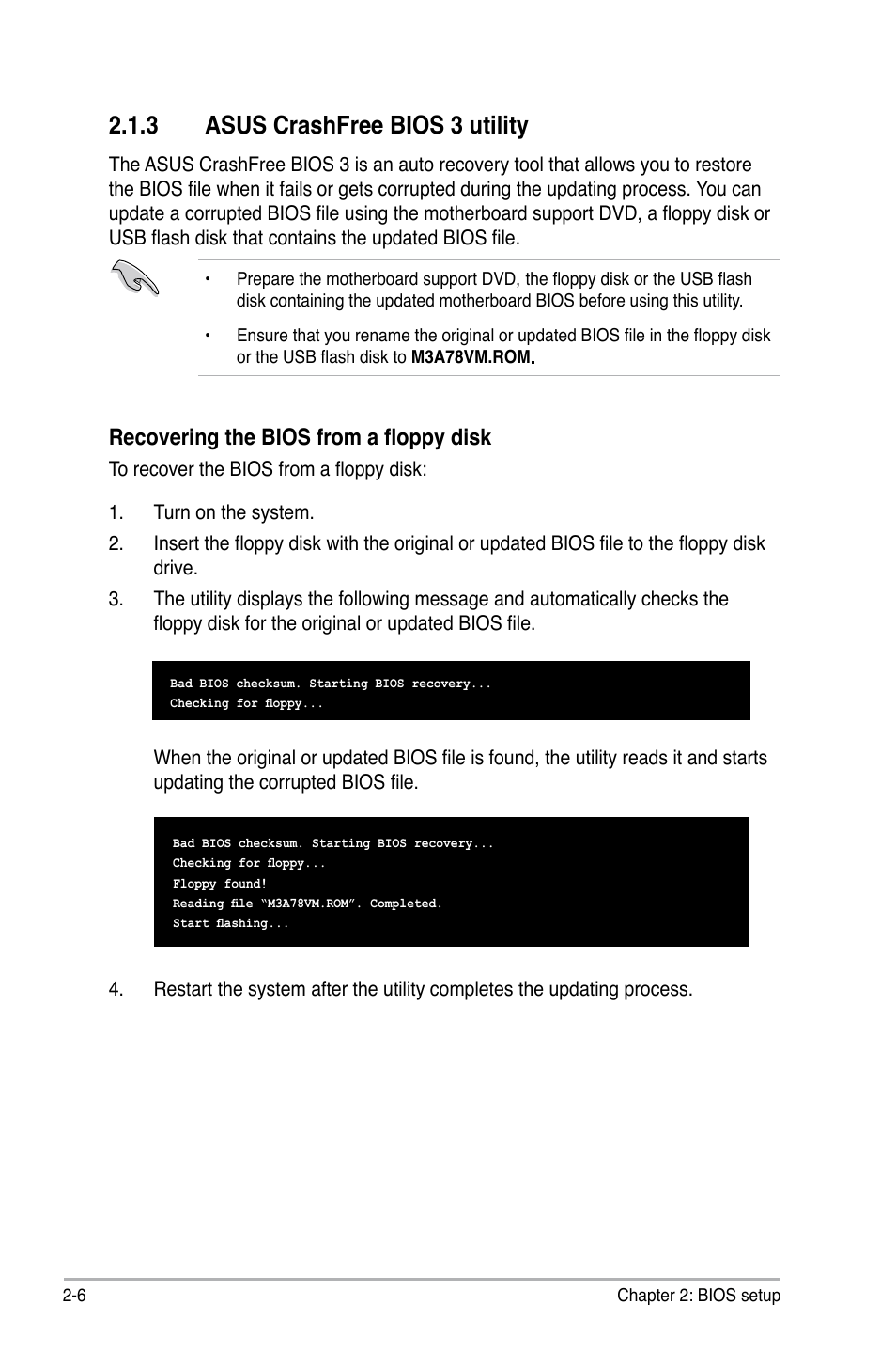 3 asus crashfree bios 3 utility, Asus crashfree bios 3 utility -6, Recovering the bios from a floppy disk | Asus M3A78-VM User Manual | Page 52 / 96