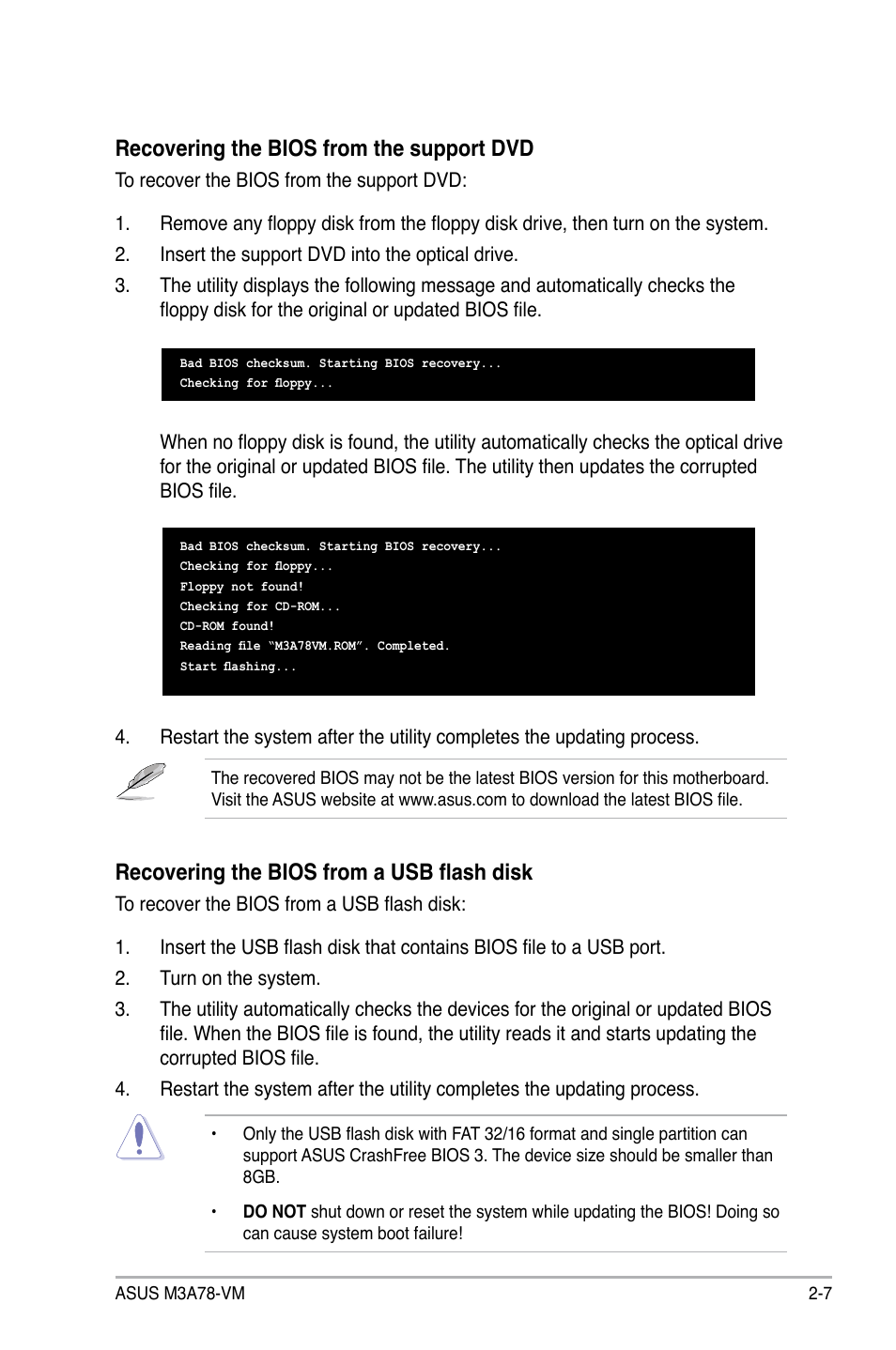 Recovering the bios from the support dvd, Recovering the bios from a usb flash disk | Asus M3A78-VM User Manual | Page 53 / 96