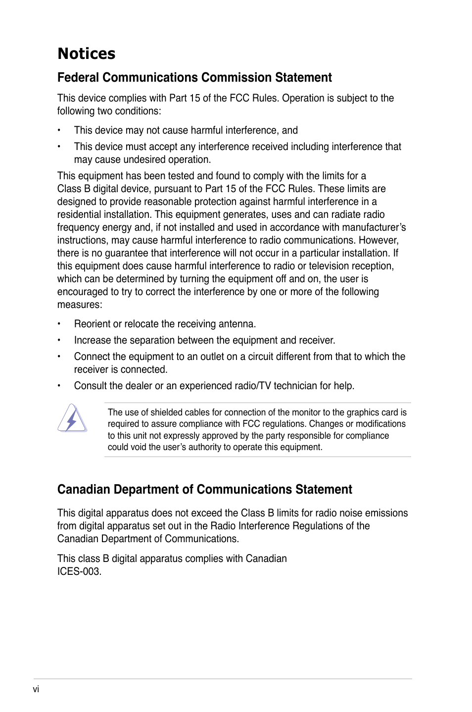 Notices, Federal communications commission statement, Canadian department of communications statement | Asus M3A78-VM User Manual | Page 6 / 96