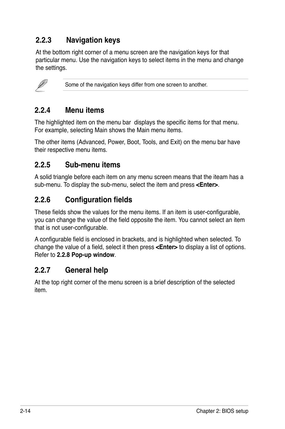 3 navigation keys, 4 menu items, 5 sub-menu items | 6 configuration fields, 7 general help, Navigation keys -14, Menu items -14, Sub-menu items -14, Configuration fields -14, General help -14 | Asus M3A78-VM User Manual | Page 60 / 96