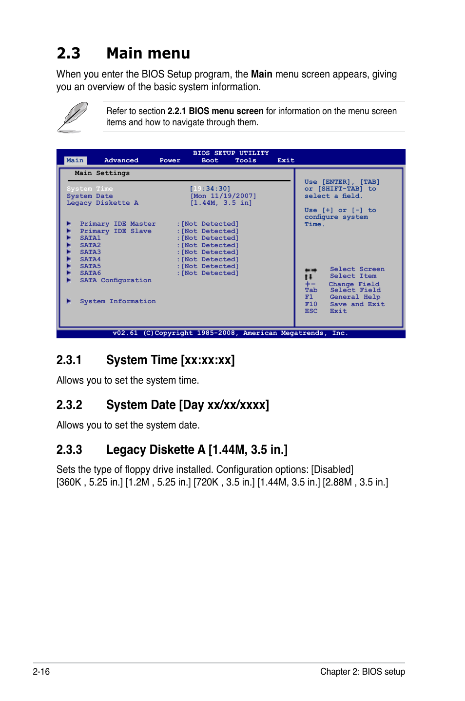 3 main menu, 1 system time, 2 system date | 3 legacy diskette a, Main menu -16 2.3.1, System time -16, System date -16, Legacy diskette a -16, 1 system time [xx:xx:xx, Allows you to set the system time | Asus M3A78-VM User Manual | Page 62 / 96