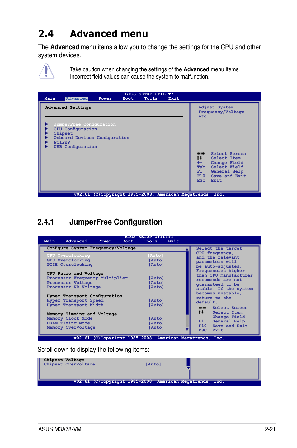 4 advanced menu, 1 jumperfree configuration, Advanced menu -21 2.4.1 | Jumperfree configuration -21, Scroll down to display the following items | Asus M3A78-VM User Manual | Page 67 / 96