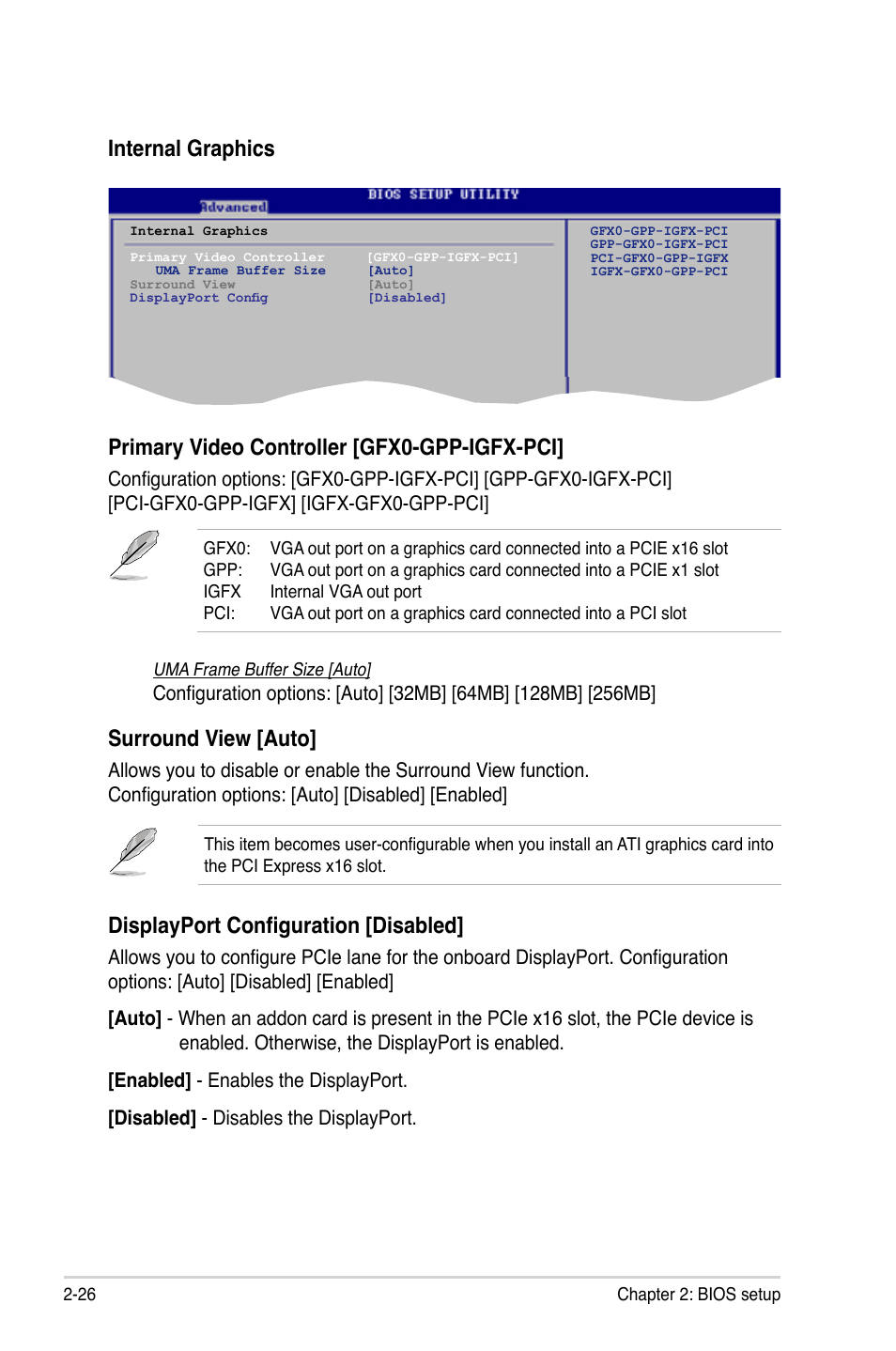 Displayport configuration [disabled, Internal graphics, Primary video controller [gfx0-gpp-igfx-pci | Surround view [auto | Asus M3A78-VM User Manual | Page 72 / 96