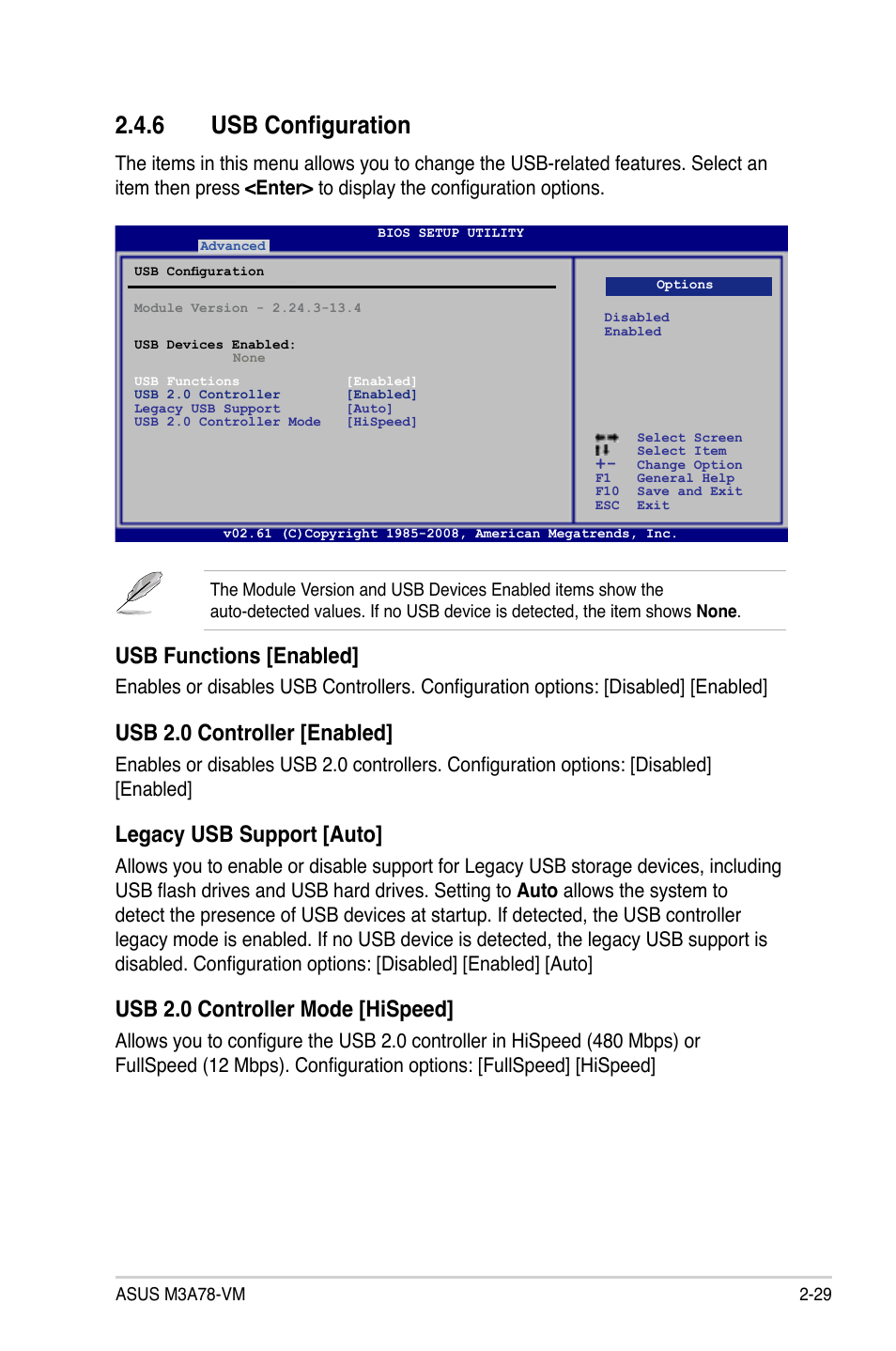 6 usb configuration, Usb configuration -29, Usb functions [enabled | Usb 2.0 controller [enabled, Legacy usb support [auto, Usb 2.0 controller mode [hispeed | Asus M3A78-VM User Manual | Page 75 / 96