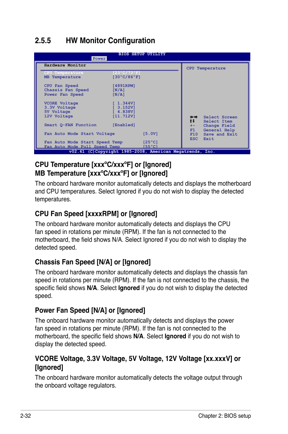 5 hw monitor configuration, Hw monitor configuration -32, Chassis fan speed [n/a] or [ignored | Power fan speed [n/a] or [ignored | Asus M3A78-VM User Manual | Page 78 / 96