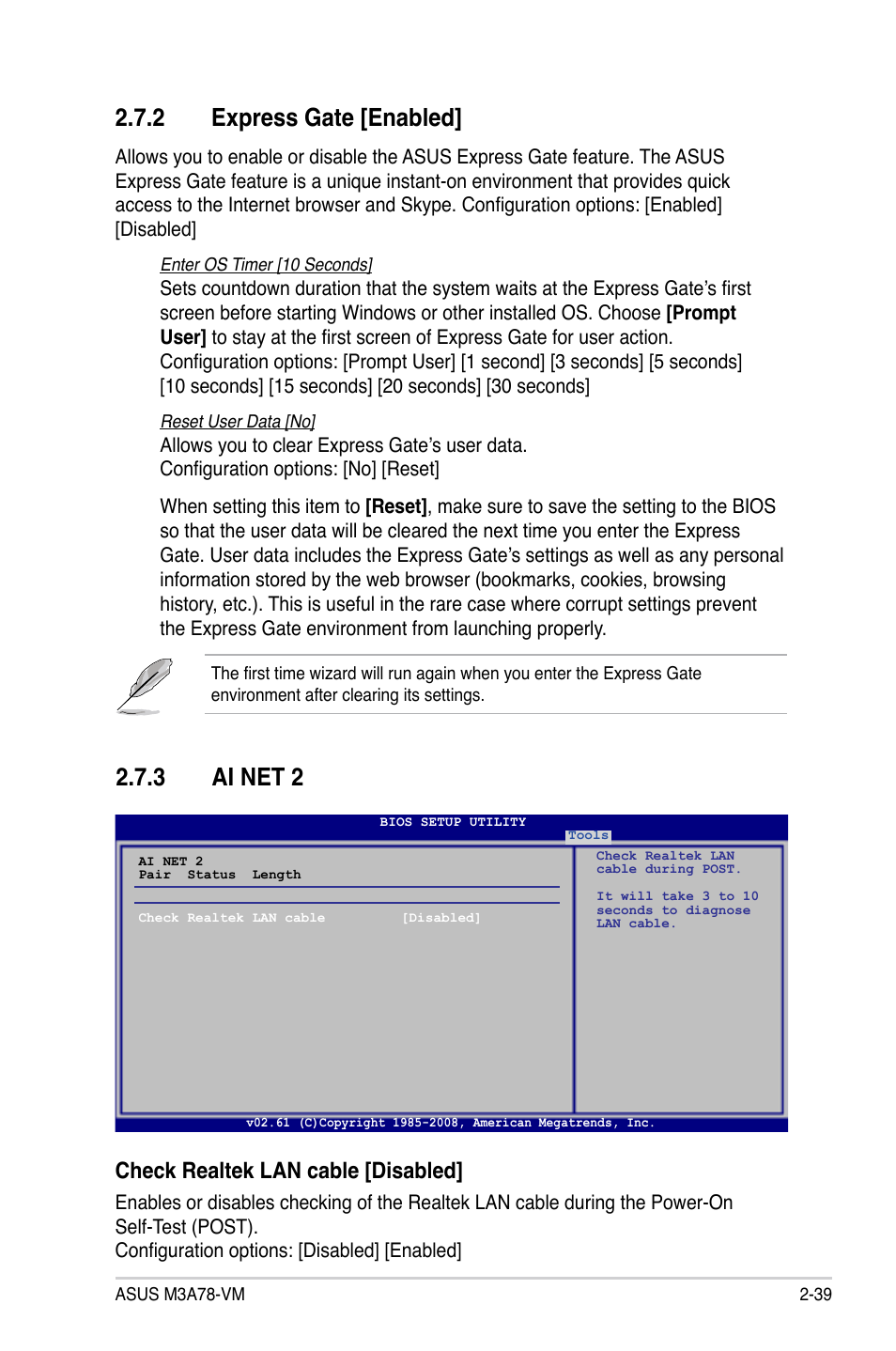 2 express gate, 3 ai net 2, Express gate -39 | Ai net 2 -39, 2 express gate [enabled, Check realtek lan cable [disabled | Asus M3A78-VM User Manual | Page 85 / 96