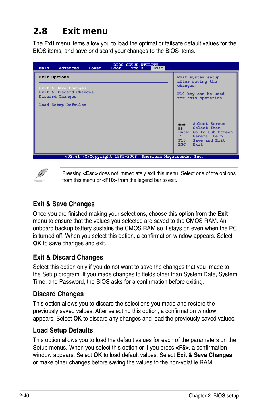 8 exit menu, Exit menu -40, Exit & save changes | Exit & discard changes, Discard changes, Load setup defaults | Asus M3A78-VM User Manual | Page 86 / 96