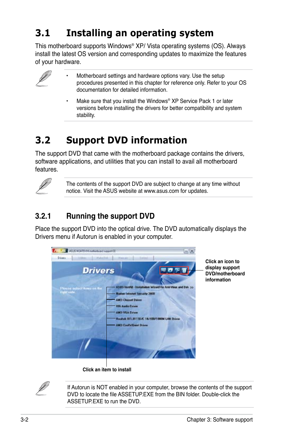 1 installing an operating system, 2 support dvd information, 1 running the support dvd | Installing an operating system -2, Support dvd information -2 3.2.1, Running the support dvd -2 | Asus M3A78-VM User Manual | Page 88 / 96