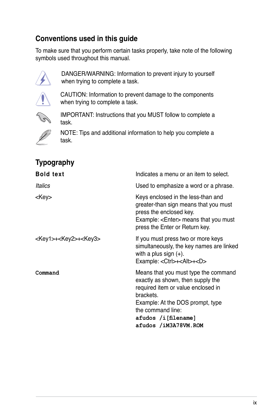 Conventions used in this guide, Typography | Asus M3A78-VM User Manual | Page 9 / 96