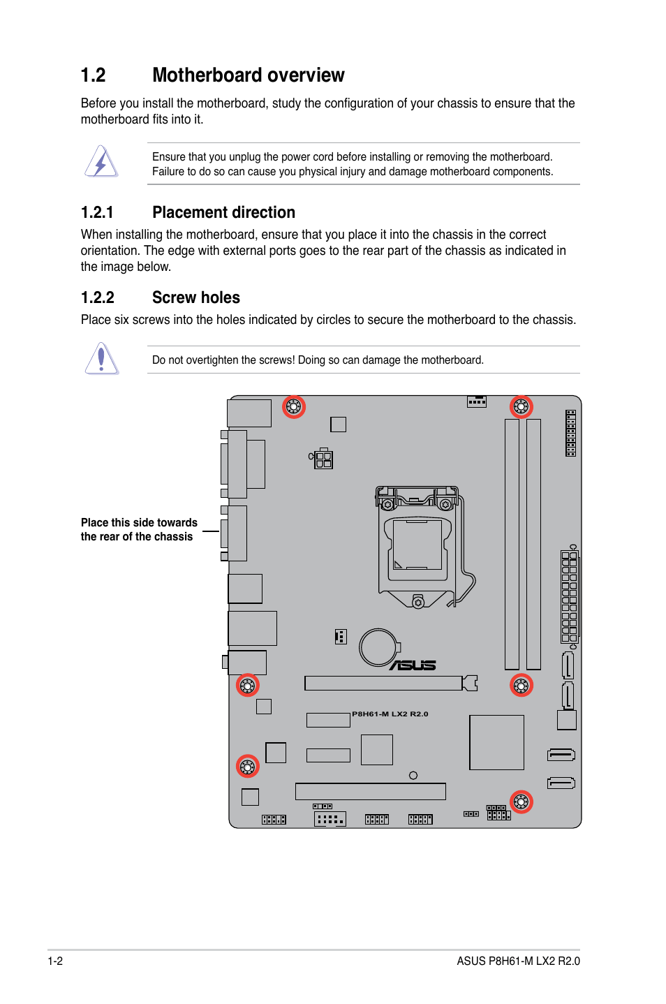 2 motherboard overview, 1 placement direction, 2 screw holes | Motherboard overview -2 1.2.1, Placement direction -2, Screw holes -2 | Asus P8H61-M LX2 R2.0 User Manual | Page 12 / 72