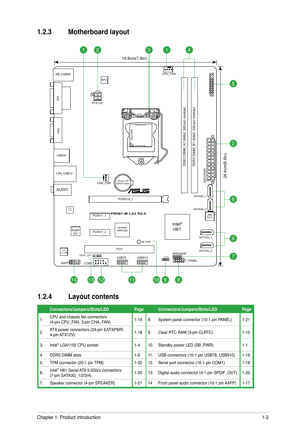 3 motherboard layout, 4 layout contents, Motherboard layout -3 | Layout contents -3, 3 motherboard layout 1.2.4 layout contents, 3 chapter 1: product introduction | Asus P8H61-M LX2 R2.0 User Manual | Page 13 / 72