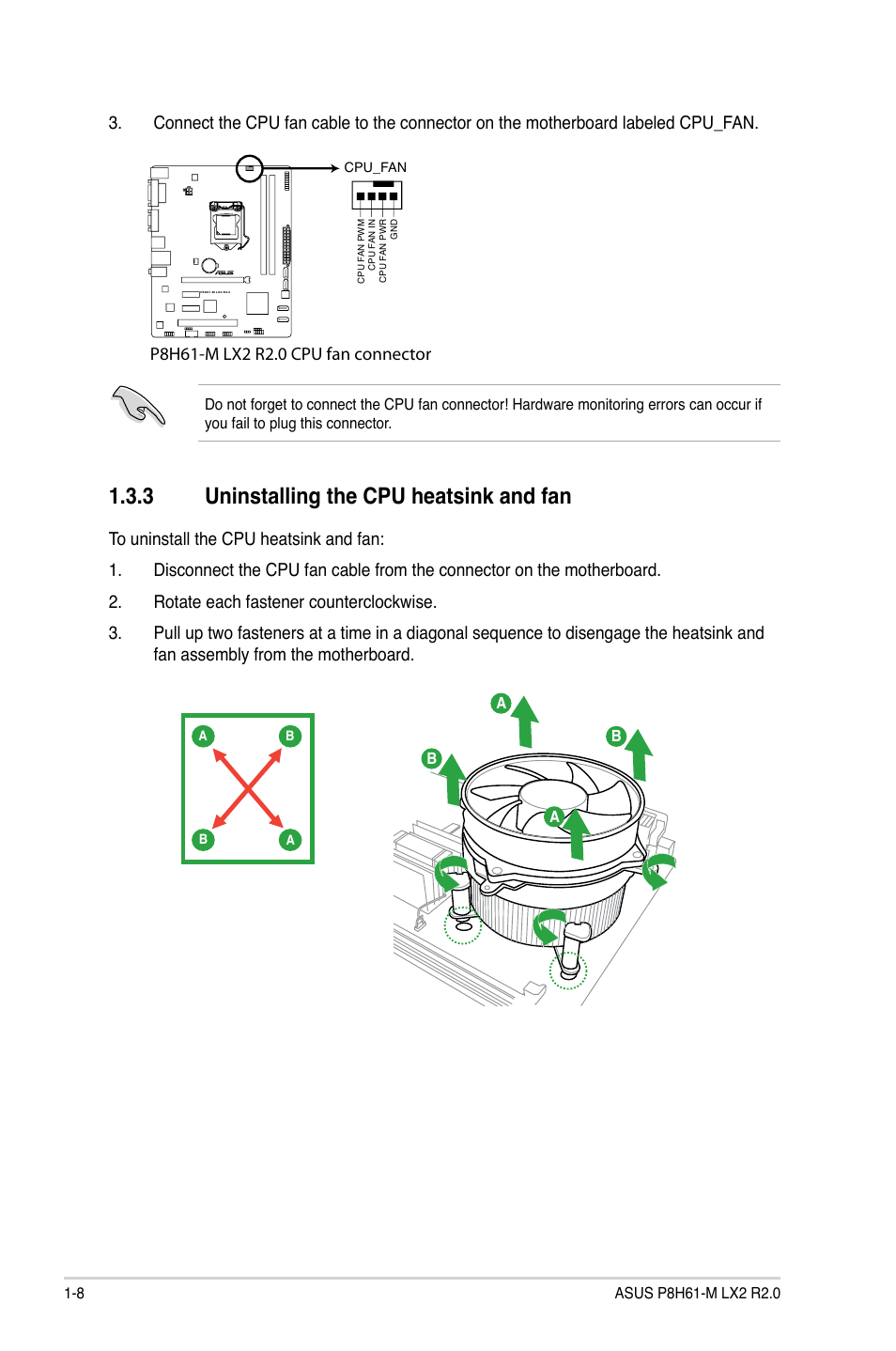 3 uninstalling the cpu heatsink and fan, Uninstalling the cpu heatsink and fan -8 | Asus P8H61-M LX2 R2.0 User Manual | Page 18 / 72