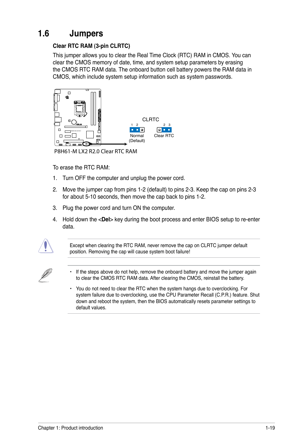 6 jumpers, Jumpers -19 | Asus P8H61-M LX2 R2.0 User Manual | Page 29 / 72