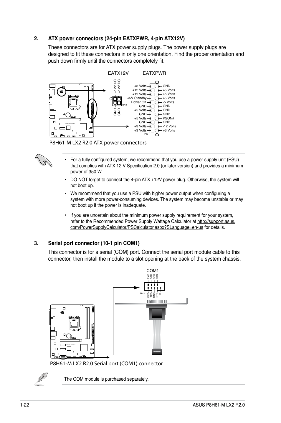 The com module is purchased separately, Eatxpwr, Eatx12v | Asus P8H61-M LX2 R2.0 User Manual | Page 32 / 72