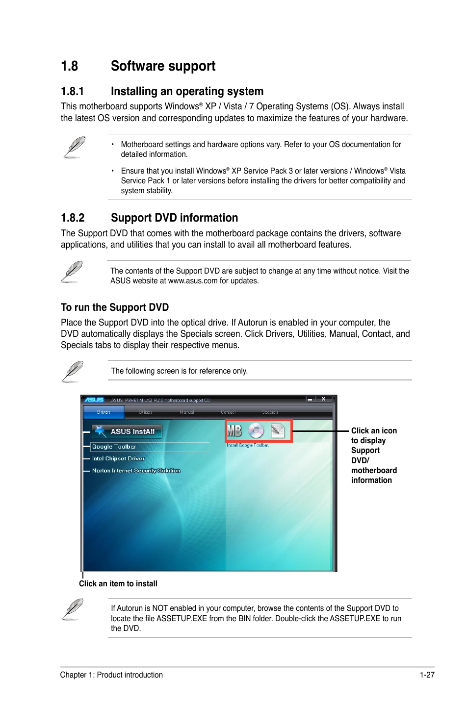 8 software support, 1 installing an operating system, 2 support dvd information | Software support -27 1.8.1, Installing an operating system -27, Support dvd information -27 | Asus P8H61-M LX2 R2.0 User Manual | Page 37 / 72