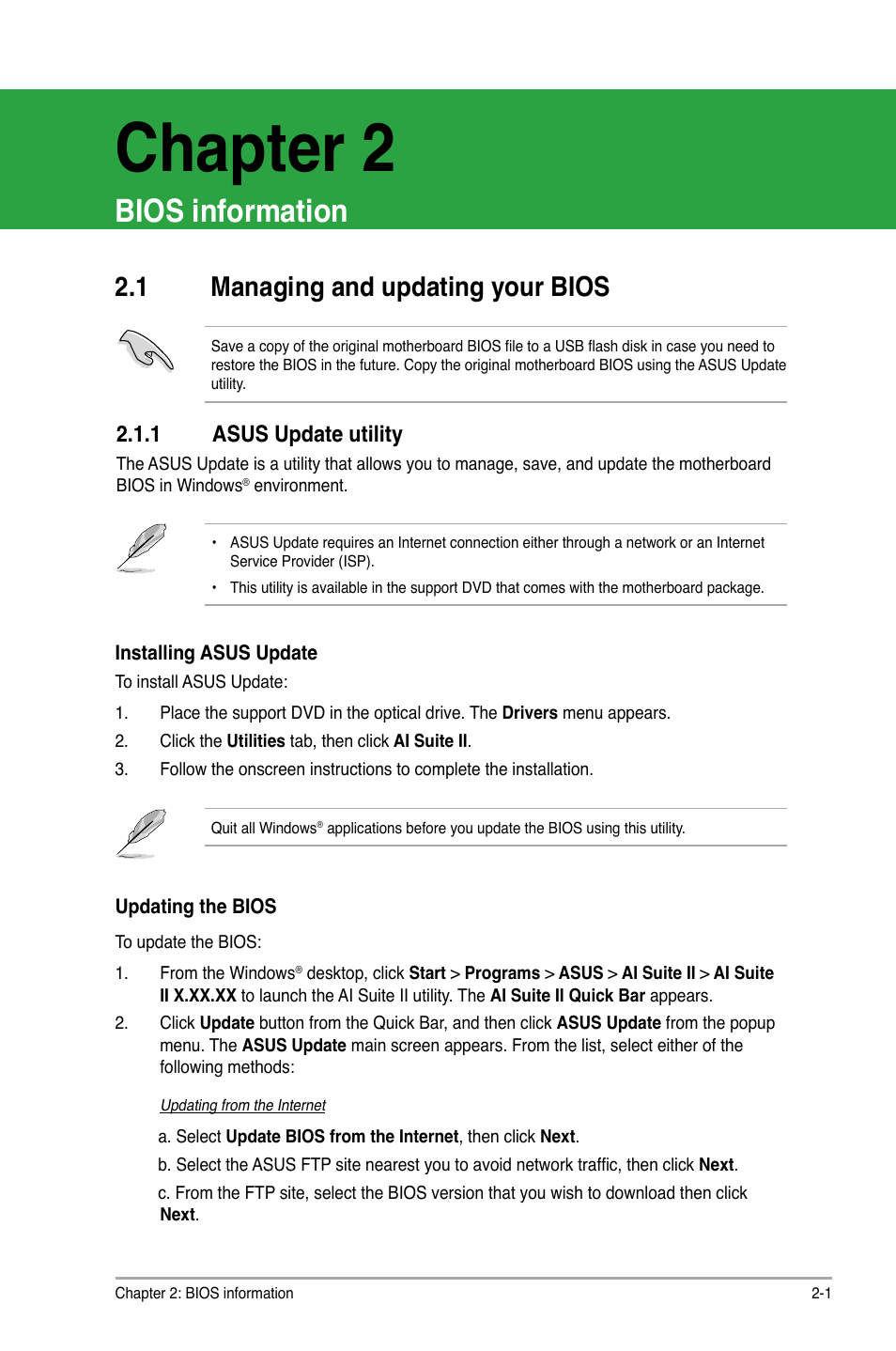 Chapter 2, Bios information, 1 managing and updating your bios | 1 asus update utility, Managing and updating your bios -1 2.1.1, Asus update utility -1 | Asus P8H61-M LX2 R2.0 User Manual | Page 39 / 72