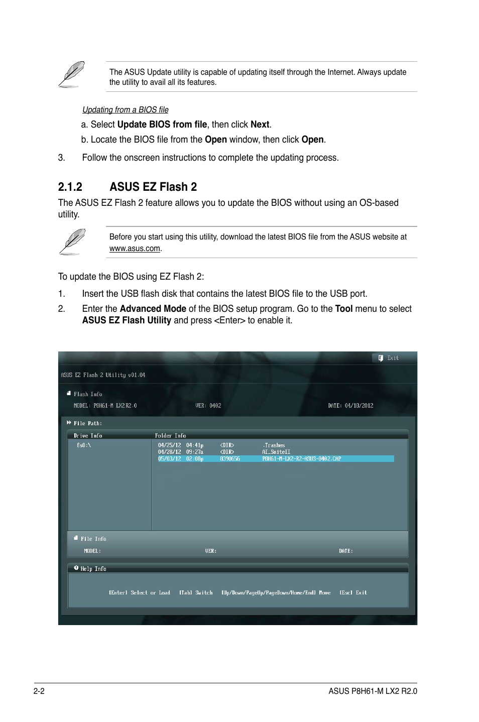 2 asus ez flash 2, Asus ez flash 2 -2 | Asus P8H61-M LX2 R2.0 User Manual | Page 40 / 72