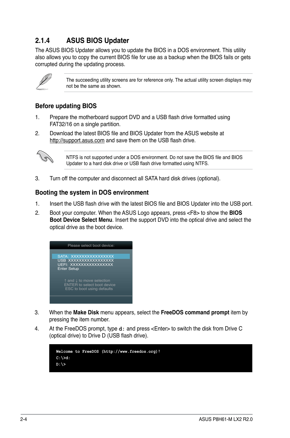 4 asus bios updater, Asus bios updater -4, Before updating bios | Booting the system in dos environment | Asus P8H61-M LX2 R2.0 User Manual | Page 42 / 72