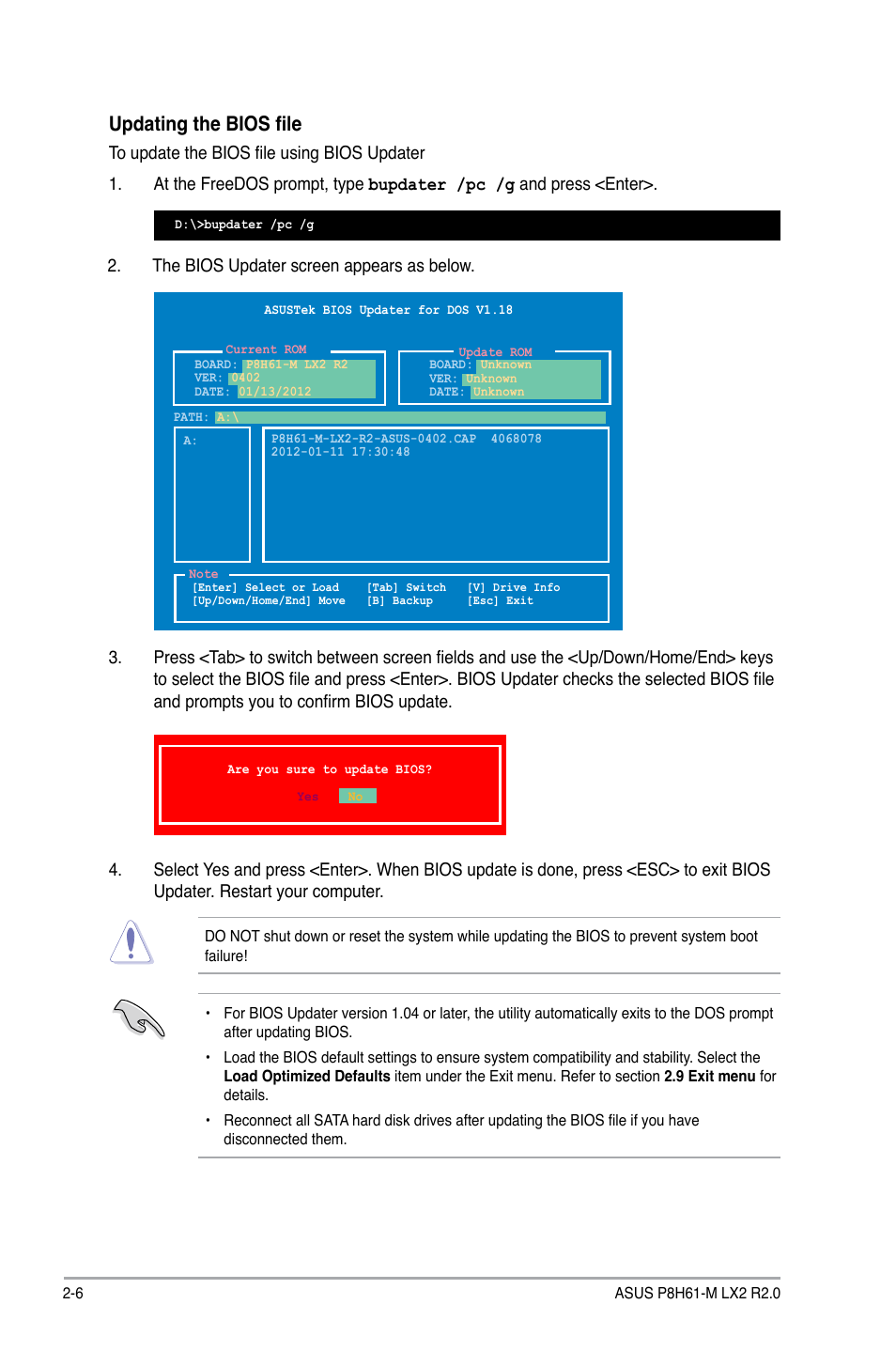 Updating the bios file | Asus P8H61-M LX2 R2.0 User Manual | Page 44 / 72