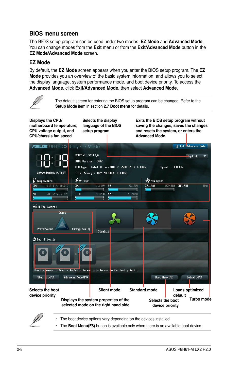 Bios menu screen, Ez mode | Asus P8H61-M LX2 R2.0 User Manual | Page 46 / 72