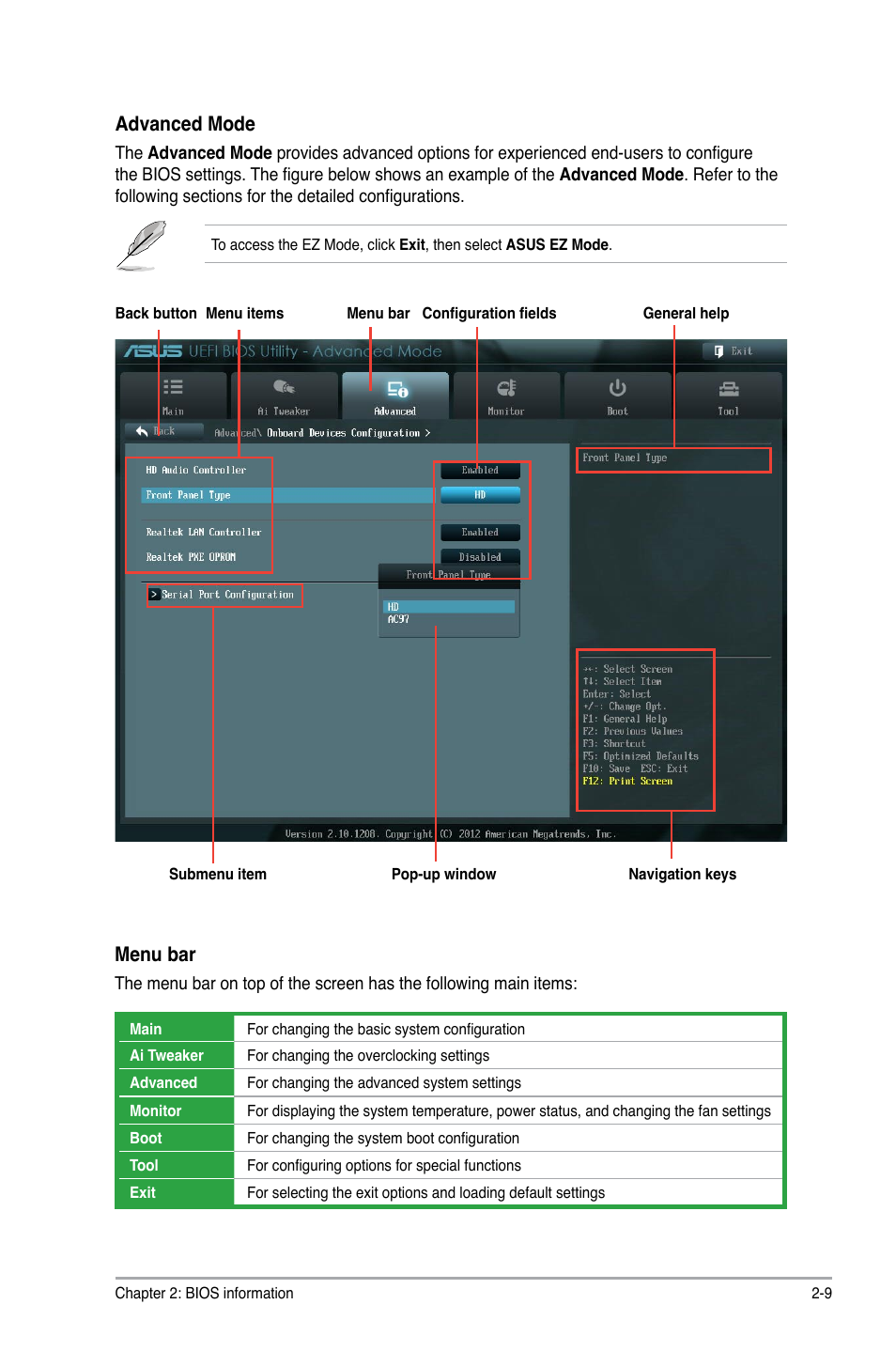 Advanced mode, Menu bar | Asus P8H61-M LX2 R2.0 User Manual | Page 47 / 72