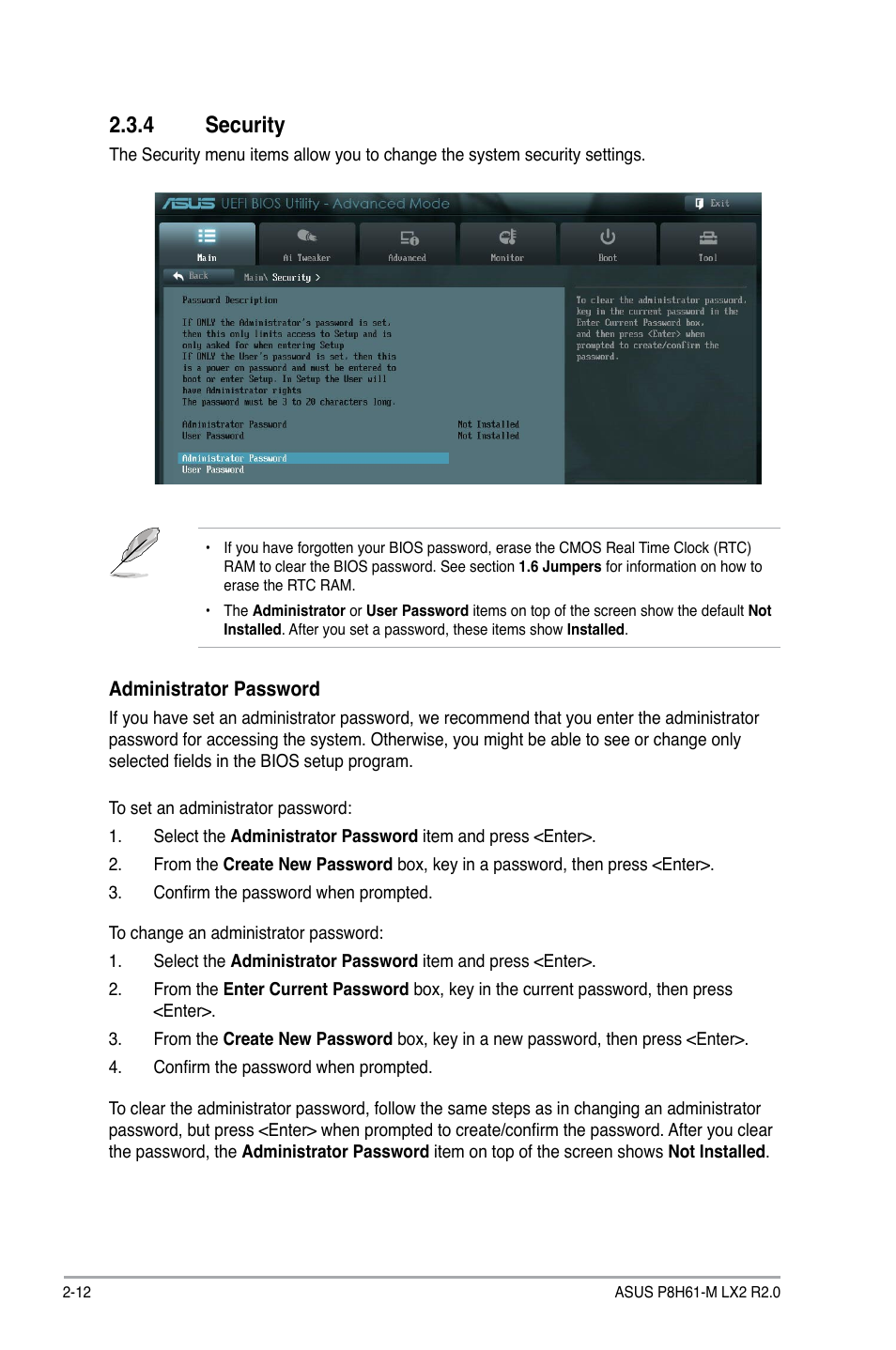 4 security, Security -12 | Asus P8H61-M LX2 R2.0 User Manual | Page 50 / 72