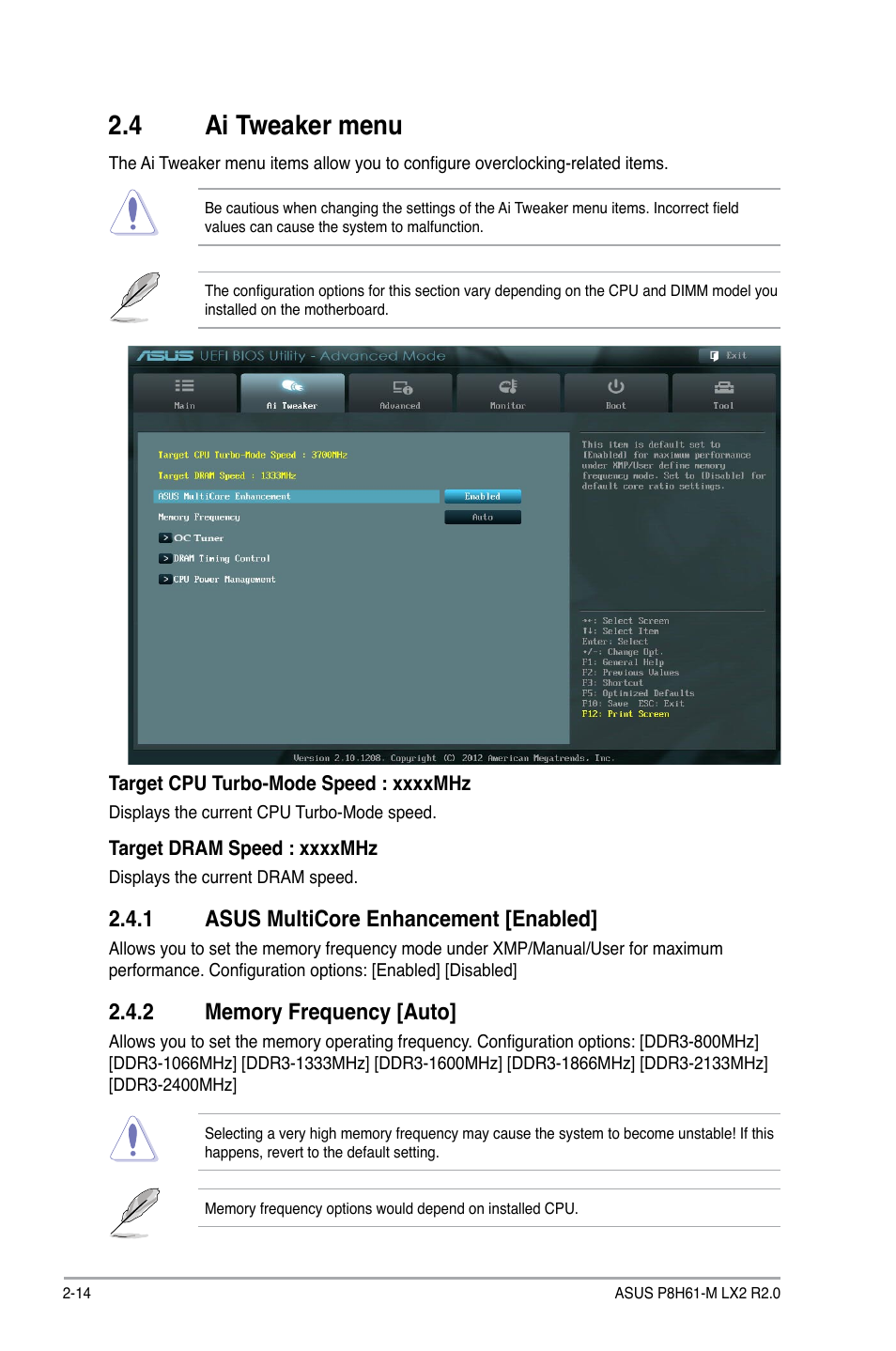 4 ai tweaker menu, 1 asus multicore enhancement [enabled, 2 memory frequency [auto | Ai tweaker menu -14 2.4.1, Asus multicore enhancement [enabled] -14, Memory frequency [auto] -14 | Asus P8H61-M LX2 R2.0 User Manual | Page 52 / 72