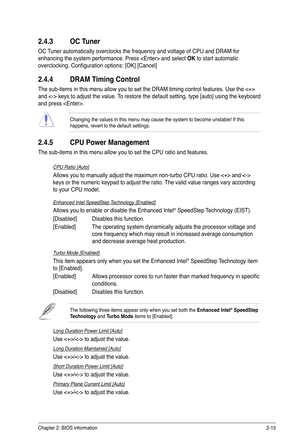 3 oc tuner, 4 dram timing control, 5 cpu power management | Oc tuner -15, Dram timing control -15, Cpu power management -15 | Asus P8H61-M LX2 R2.0 User Manual | Page 53 / 72