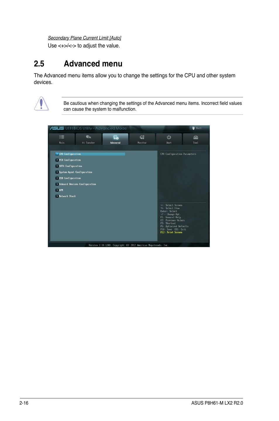 5 advanced menu, Advanced menu -16 | Asus P8H61-M LX2 R2.0 User Manual | Page 54 / 72