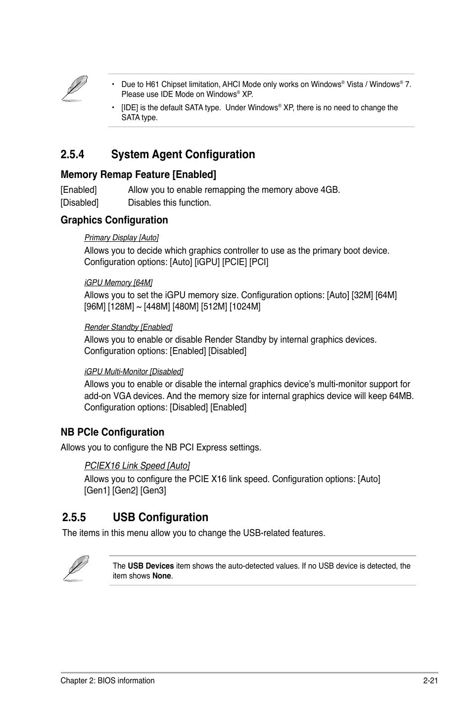 4 system agent configuration, 5 usb configuration, System agent configuration -21 | Usb configuration -21 | Asus P8H61-M LX2 R2.0 User Manual | Page 59 / 72