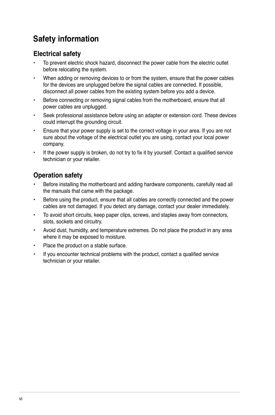 Safety information, Electrical safety, Operation safety | Asus P8H61-M LX2 R2.0 User Manual | Page 6 / 72