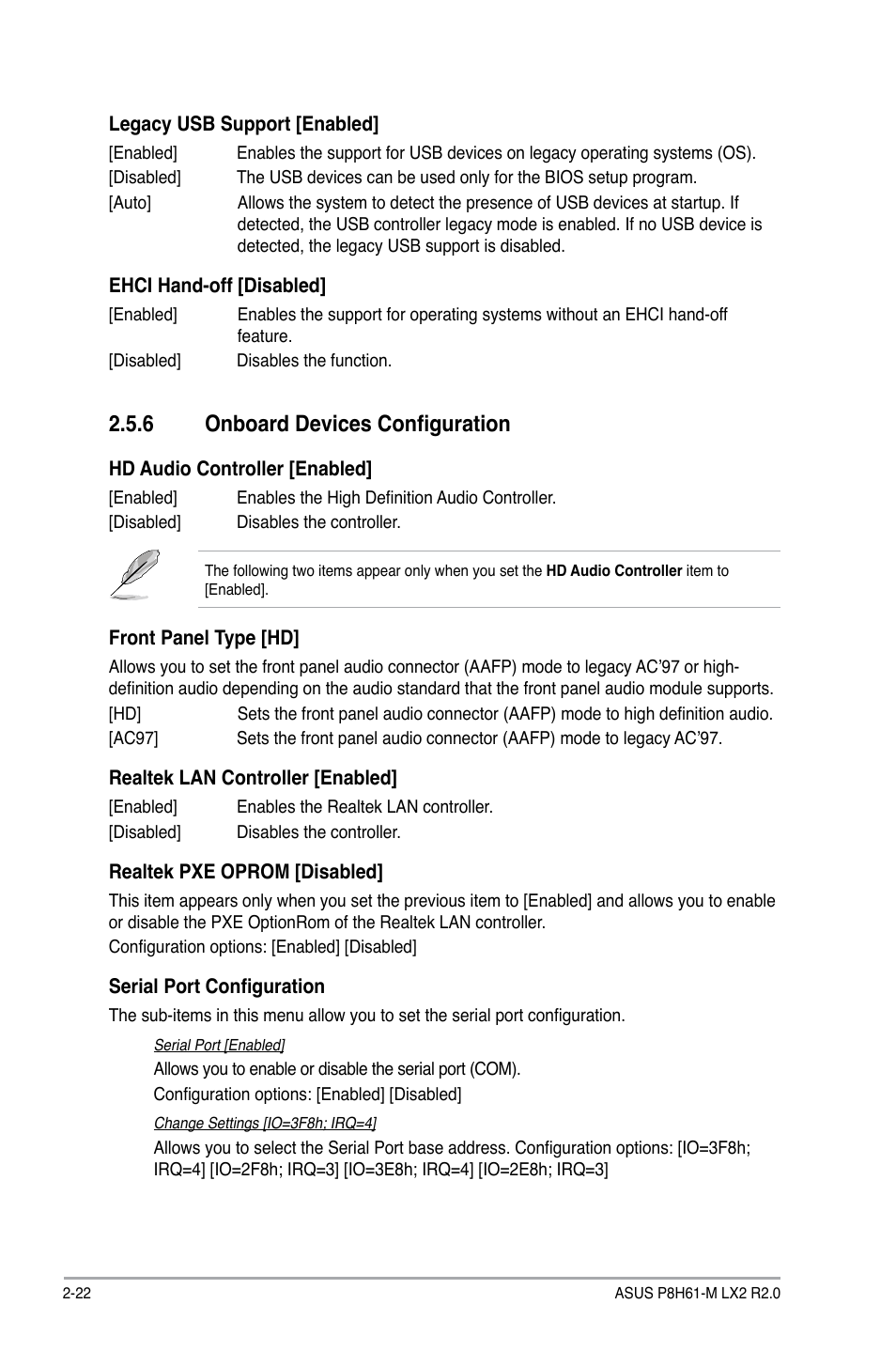 6 onboard devices configuration, Onboard devices configuration -22 | Asus P8H61-M LX2 R2.0 User Manual | Page 60 / 72