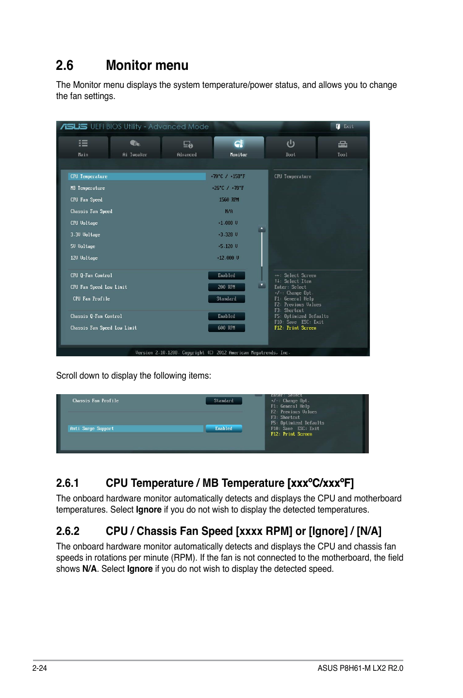 6 monitor menu, 1 cpu temperature / mb temperature [xxxºc/xxxºf, Monitor menu -24 2.6.1 | Cpu temperature / mb temperature [xxxºc/xxxºf] -24 | Asus P8H61-M LX2 R2.0 User Manual | Page 62 / 72
