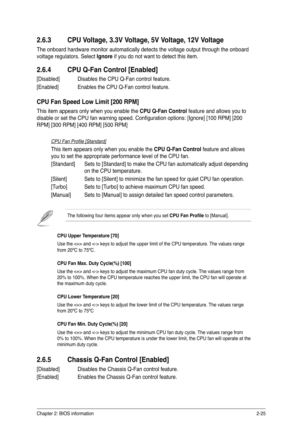 4 cpu q-fan control [enabled, 5 chassis q-fan control [enabled, Cpu q-fan control [enabled] -25 | Chassis q-fan control [enabled] -25 | Asus P8H61-M LX2 R2.0 User Manual | Page 63 / 72