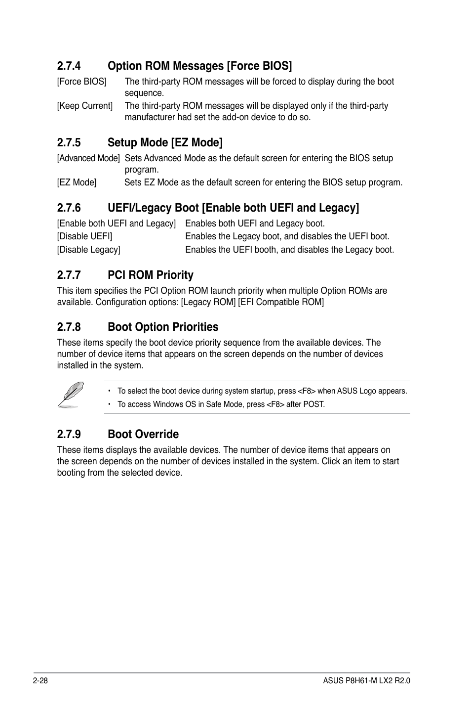 4 option rom messages [force bios, 5 setup mode [ez mode, 6 uefi/legacy boot [enable both uefi and legacy | 7 pci rom priority, 8 boot option priorities, 9 boot override, Option rom messages [force bios] -28, Setup mode [ez mode] -28, Uefi/legacy boot [enable both uefi and legacy] -28, Pci rom priority -28 | Asus P8H61-M LX2 R2.0 User Manual | Page 66 / 72