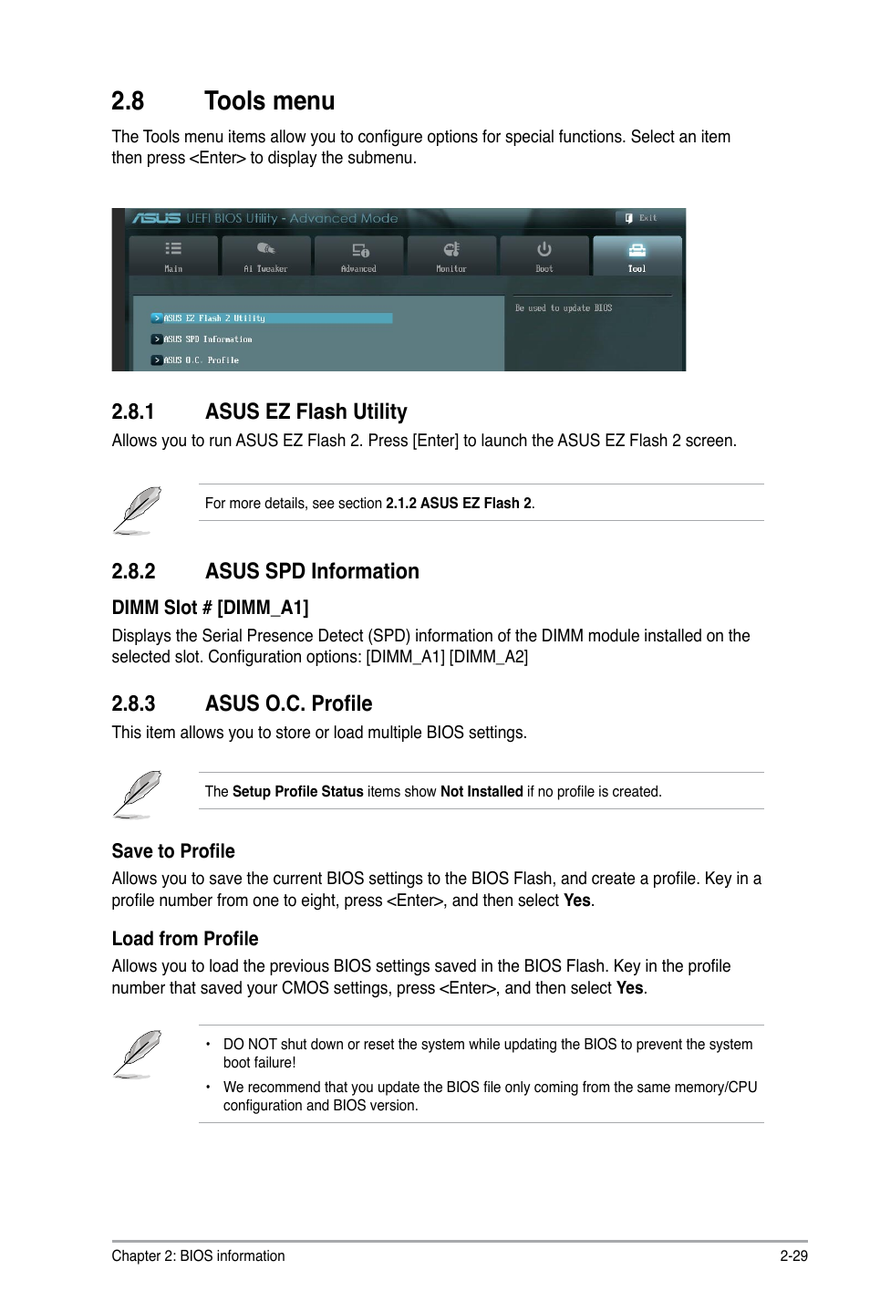 8 tools menu, 1 asus ez flash utility, 2 asus spd information | 3 asus o.c. profile, Tools menu -29 2.8.1, Asus ez flash utility -29, Asus spd information -29, Asus o.c. profile -29 | Asus P8H61-M LX2 R2.0 User Manual | Page 67 / 72
