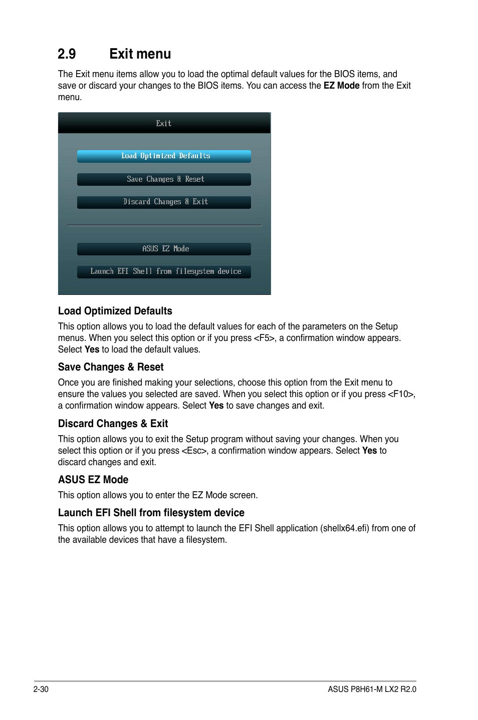 9 exit menu, Exit menu -30 | Asus P8H61-M LX2 R2.0 User Manual | Page 68 / 72