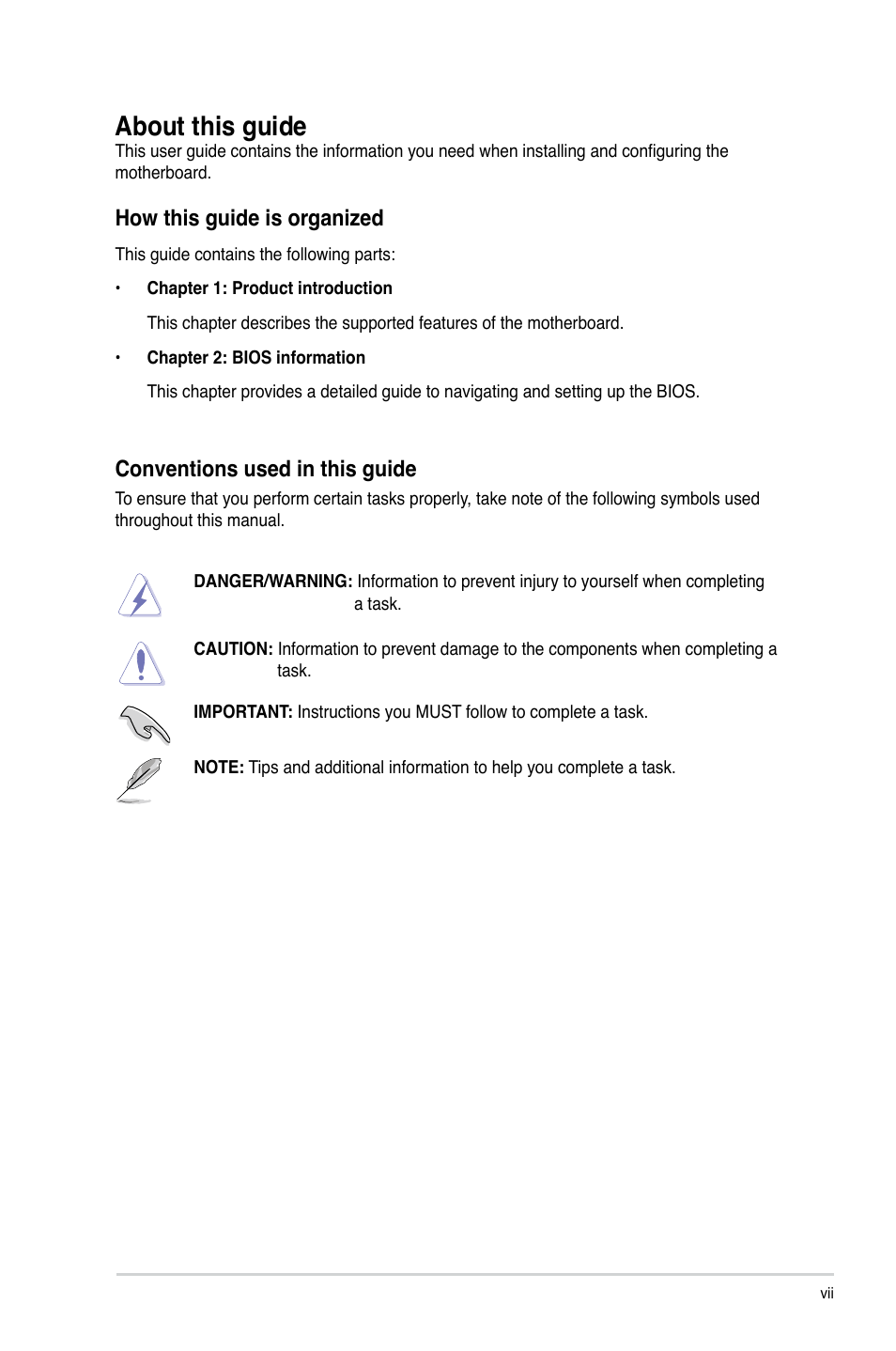 About this guide, How this guide is organized, Conventions used in this guide | Asus P8H61-M LX2 R2.0 User Manual | Page 7 / 72