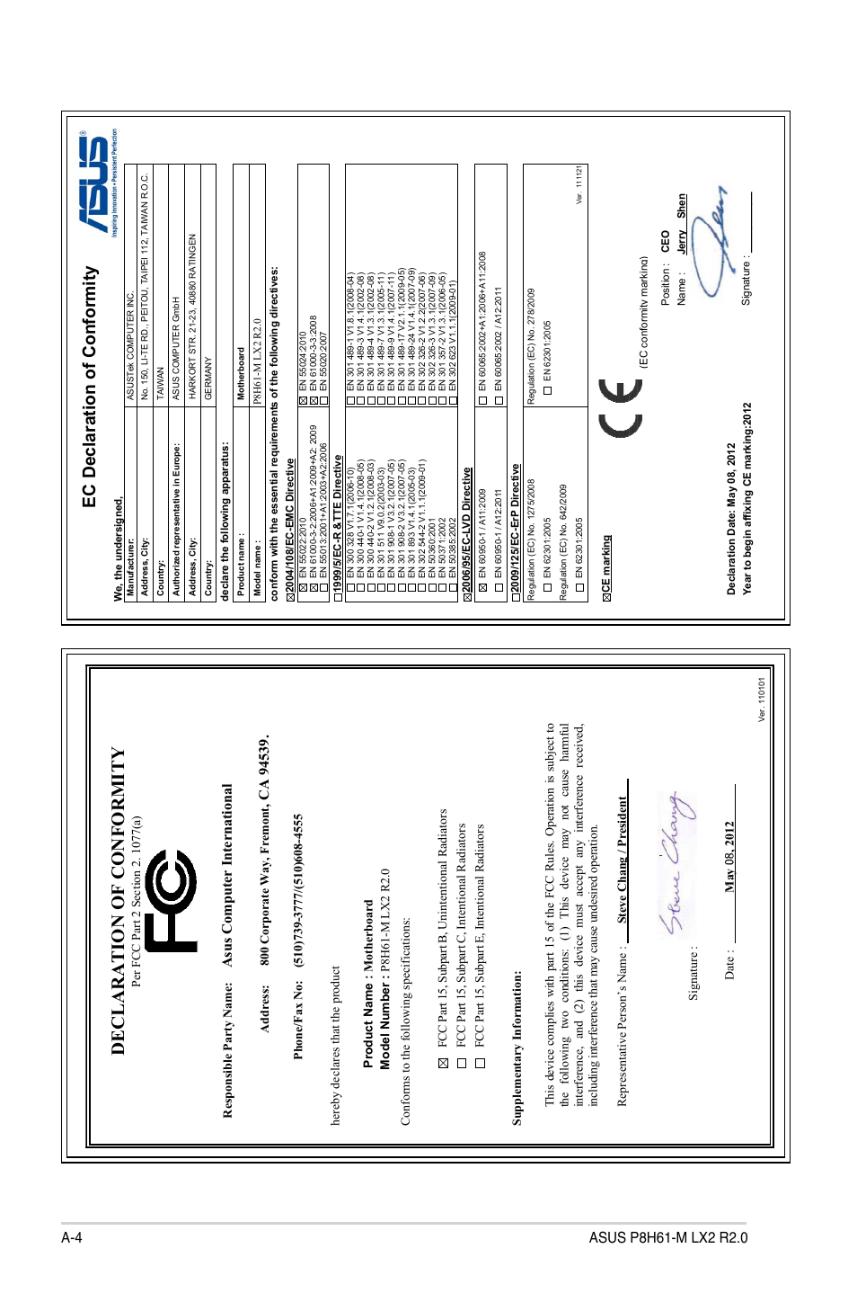 Declaration of conformity, Ec declaration of conformity, Asu s c om pu te r in te rn at io na l | Asus P8H61-M LX2 R2.0 User Manual | Page 72 / 72