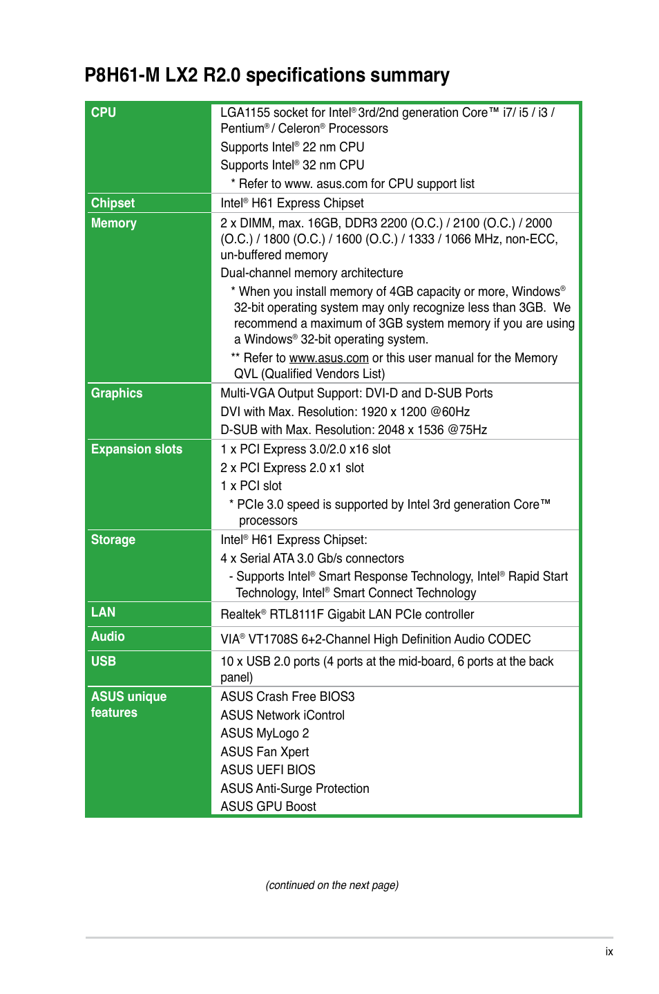 P8h61-m lx2 r2.0 specifications summary | Asus P8H61-M LX2 R2.0 User Manual | Page 9 / 72