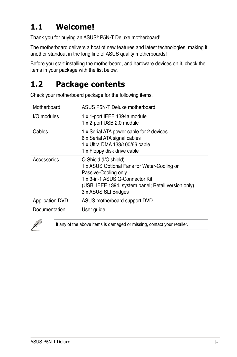 1 welcome, 2 package contents | Asus P5N-T Deluxe User Manual | Page 17 / 64