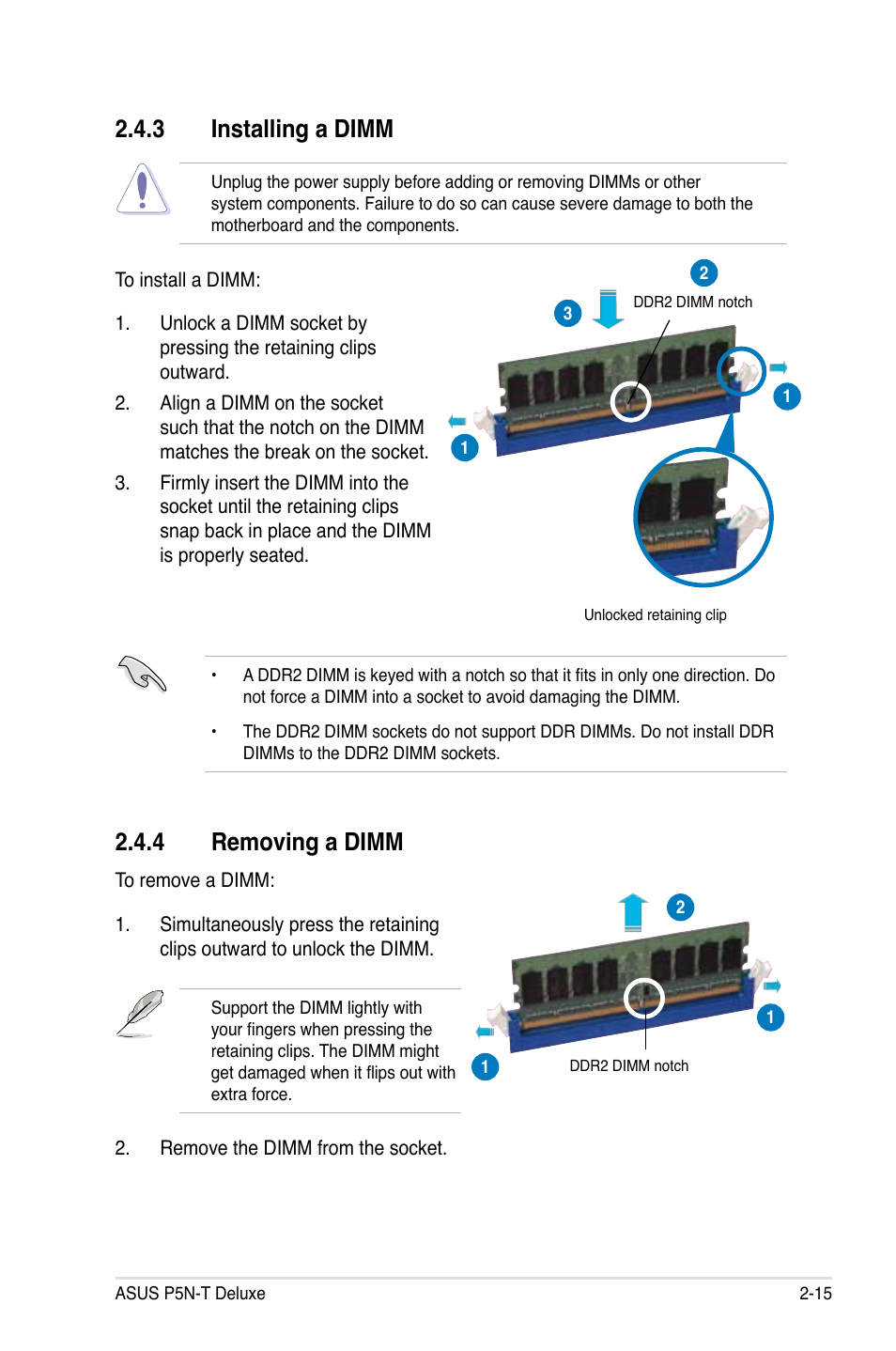 3 installing a dimm, 4 removing a dimm | Asus P5N-T Deluxe User Manual | Page 41 / 64