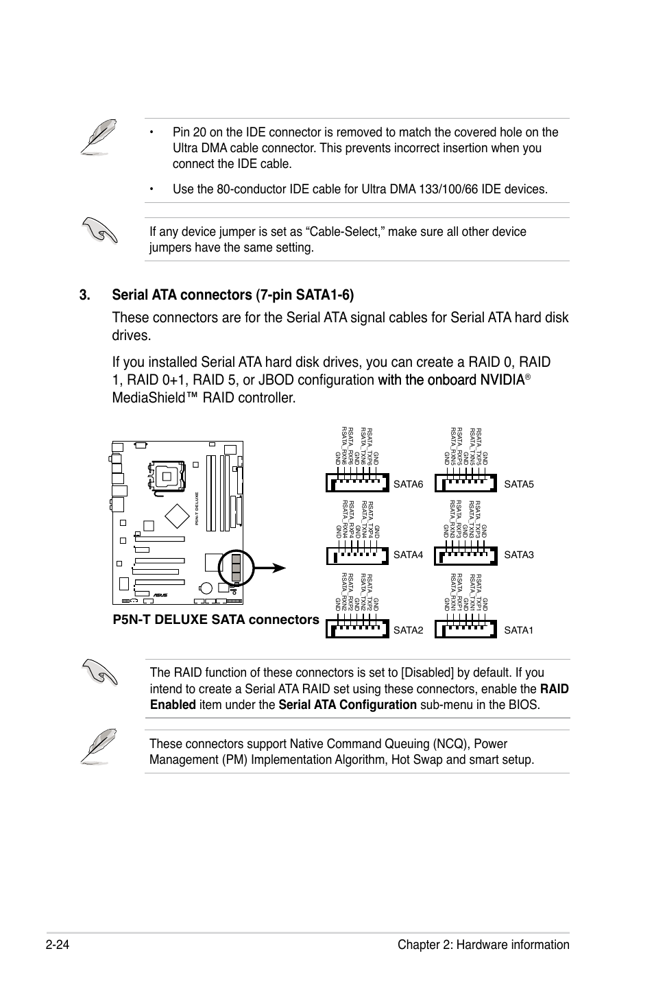 Mediashield™ raid controller, 24 chapter 2: hardware information, P5n-t deluxe sata connectors | Sata6 sata5, Sata3 sata4, Sata2 sata1 | Asus P5N-T Deluxe User Manual | Page 50 / 64