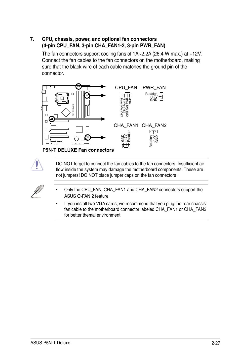 Asus p5n-t deluxe 2-27, P5n-t deluxe fan connectors cpu_fan cha_fan1, Cha_fan2 | Pwr_fan | Asus P5N-T Deluxe User Manual | Page 53 / 64