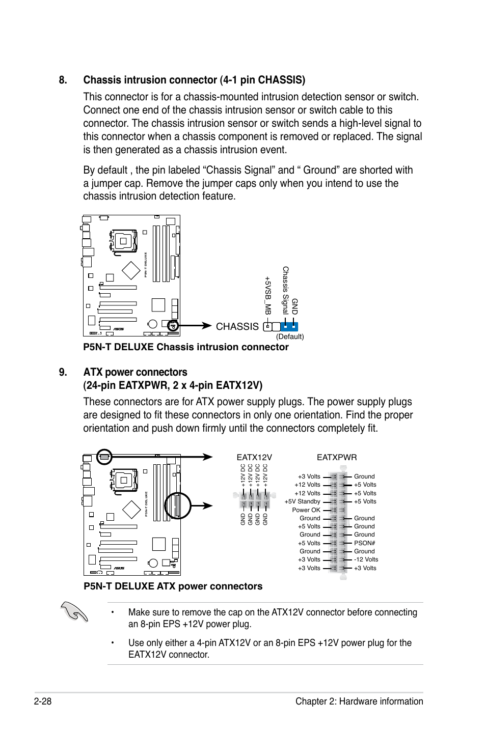 28 chapter 2: hardware information, P5n-t deluxe chassis intrusion connector chassis, P5n-t deluxe atx power connectors | Asus P5N-T Deluxe User Manual | Page 54 / 64