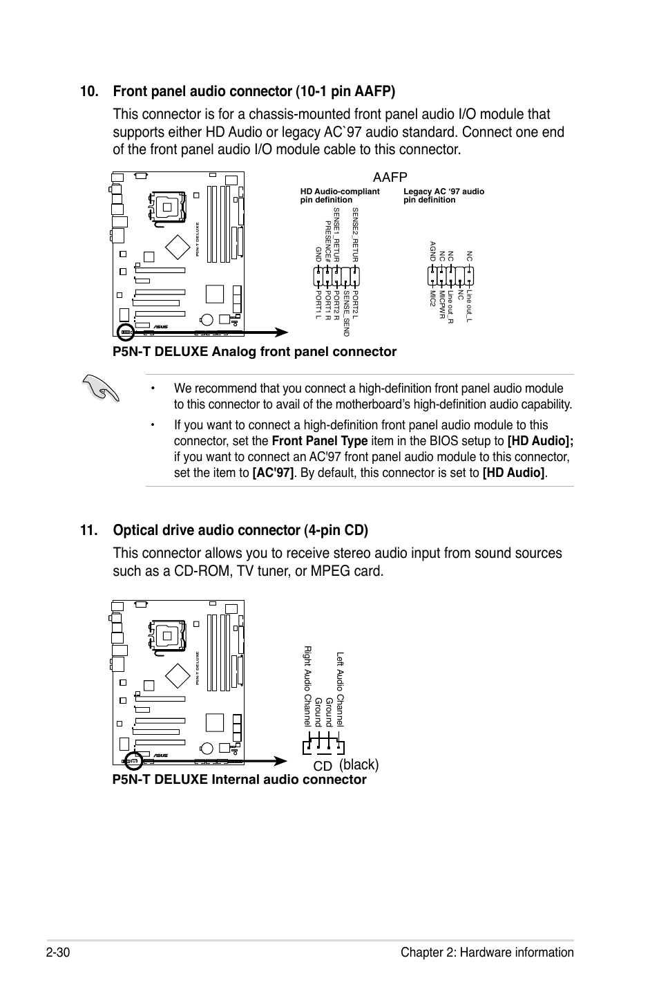 30 chapter 2: hardware information, P5n-t deluxe analog front panel connector aafp, P5n-t deluxe internal audio connector cd | Asus P5N-T Deluxe User Manual | Page 56 / 64