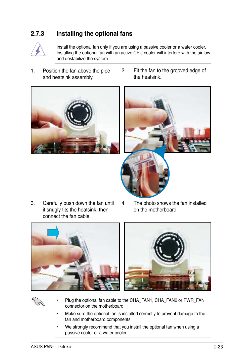 3 installing the optional fans | Asus P5N-T Deluxe User Manual | Page 59 / 64