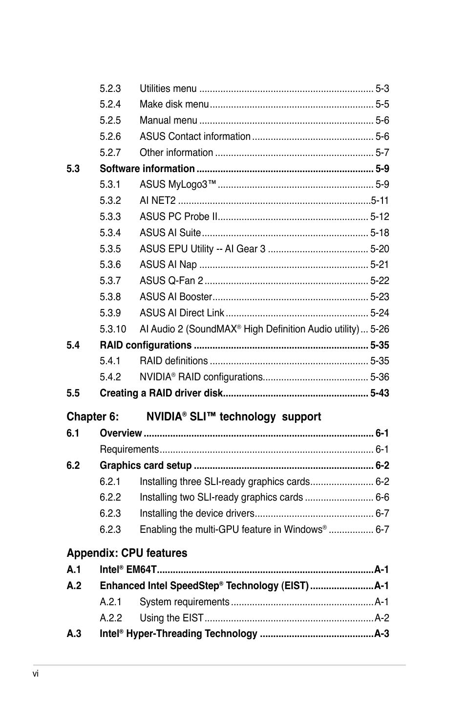 Chapter 6: nvidia, Sli™ technology support, Appendix: cpu features | Asus P5N-T Deluxe User Manual | Page 6 / 64