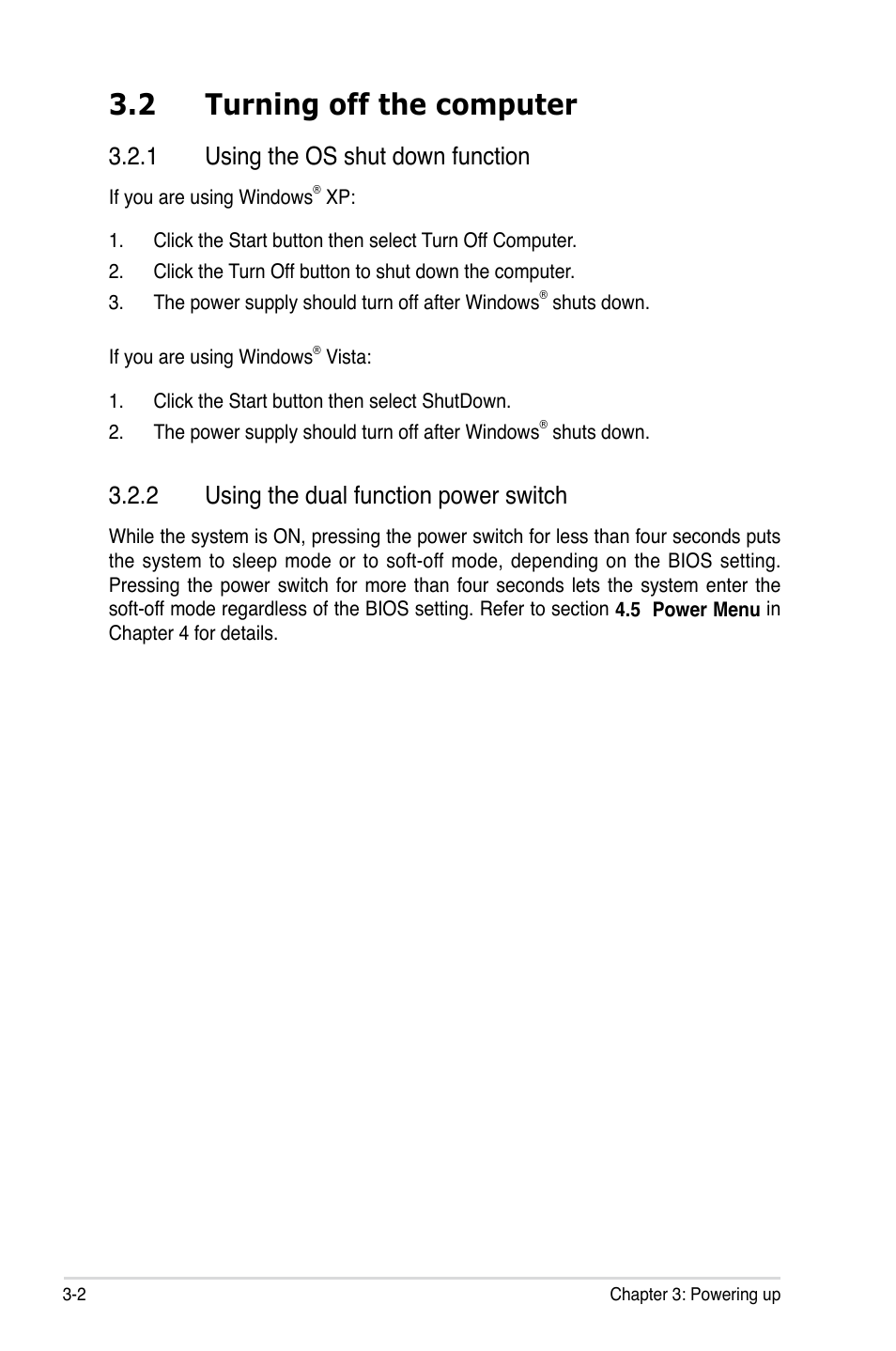 2 turning off the computer, 1 using the os shut down function, 2 using the dual function power switch | Asus P5N-T Deluxe User Manual | Page 64 / 64